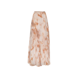 The Torin Pleated Maxi Skirt showcases a flowing silhouette with its long, pleated design, featuring a light beige base accented by a brown tie-dye pattern and elegantly displayed against a plain white background.