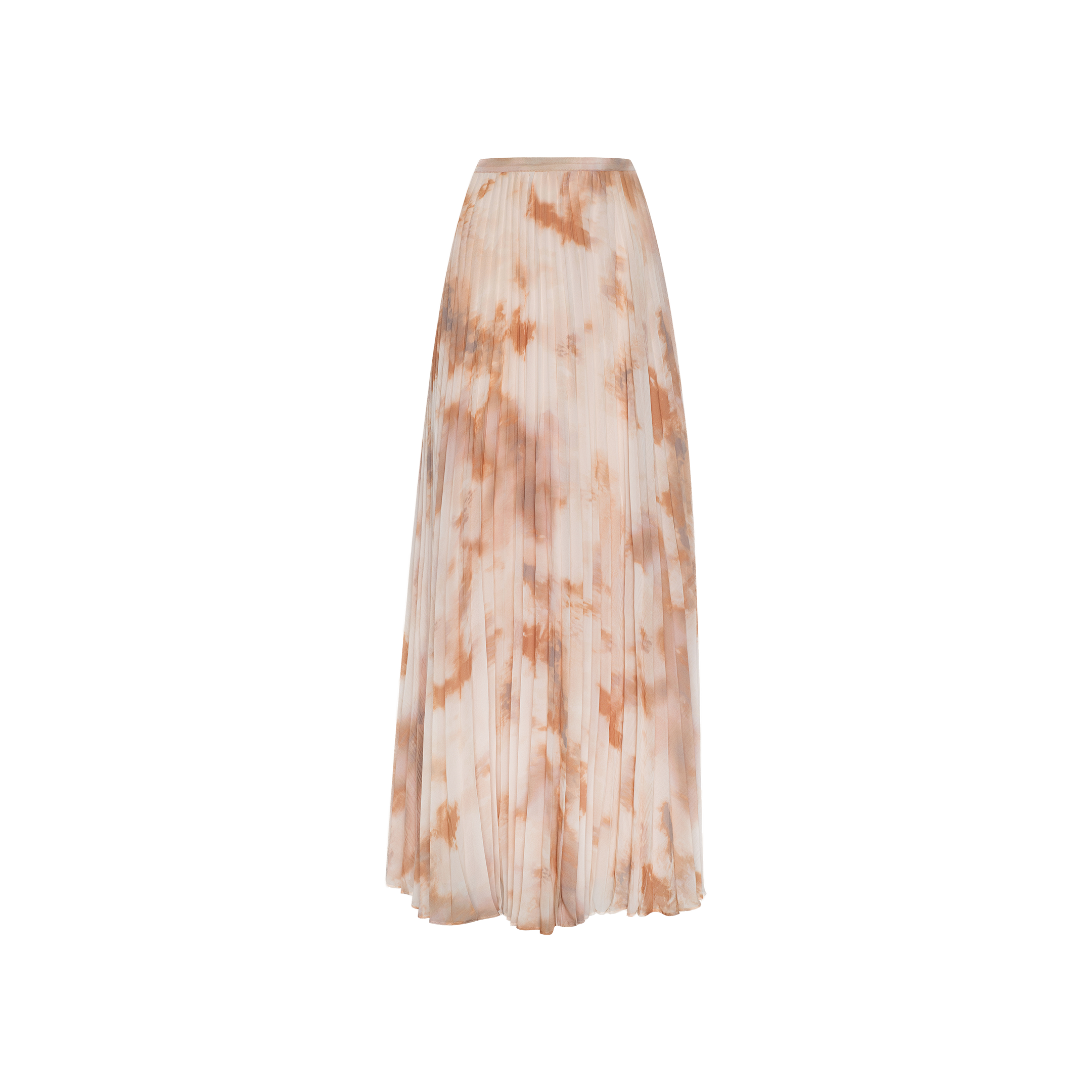 The Torin Pleated Maxi Skirt is a high-waisted, lightweight poly chiffon maxi skirt with pleats and a light beige and brown tie-dye pattern, shown against a plain white background.