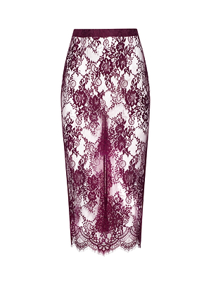 The Makena Lace Pencil Skirt by L'AGENCE features sheer maroon floral lace, a high waist, knee-length cut, scalloped hem, and a fitted silhouette, shown against a white background.