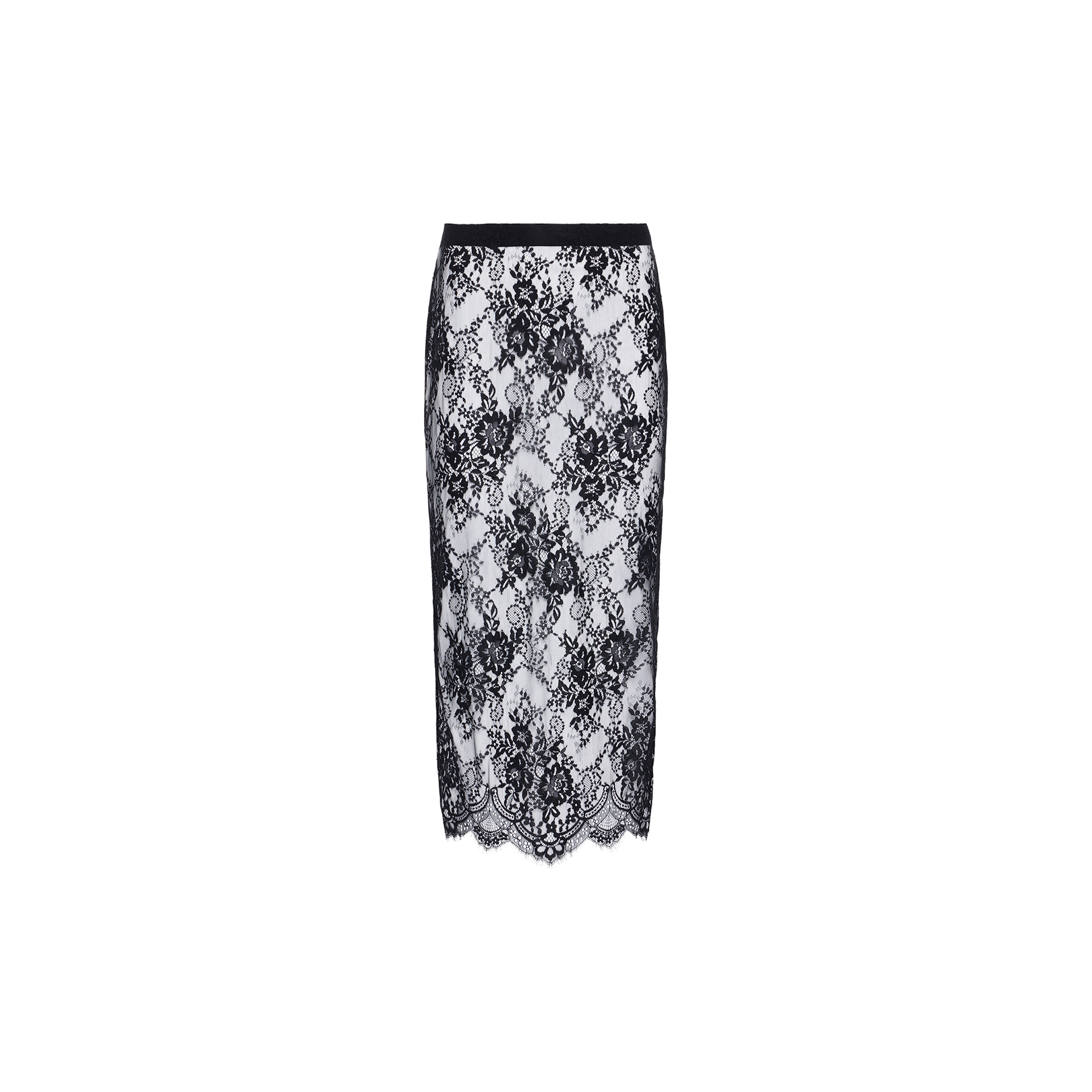 The Makena Lace Pencil Skirt is a knee-length skirt with a black floral lace overlay on white fabric, featuring a scalloped hem and a black waistband, displayed on a plain white background.