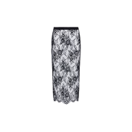 The Makena Lace Pencil Skirt is a knee-length skirt with a black floral lace overlay on white fabric, featuring a scalloped hem and a black waistband, displayed on a plain white background.