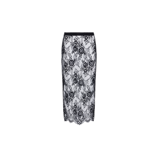 Introducing the Makena Lace Pencil Skirt: a knee-length pencil skirt crafted with luxurious black floral Chantilly lace layered over a white base, finished with a scalloped hem and a fitted silhouette that captures L’AGENCE’s signature elegance.
