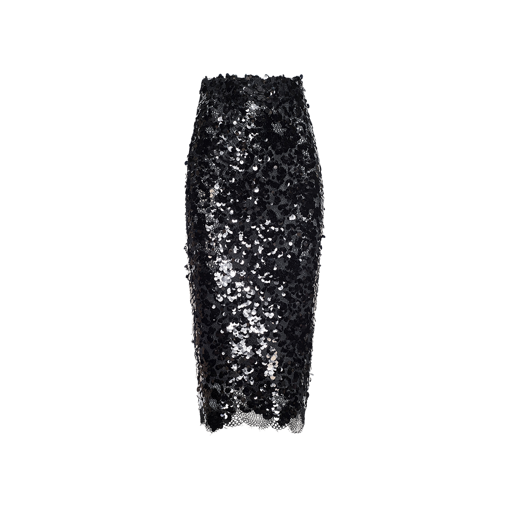 The Makena Sequin Pencil Skirt is a knee-length, pencil-shaped skirt featuring shiny black and silver sequins over a mesh base and is displayed against a white background.