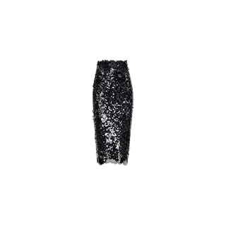 The Makena Sequin Pencil Skirt features a high waist and knee-length hem, crafted with black sequins on a mesh base for added texture, shown against a plain white background.