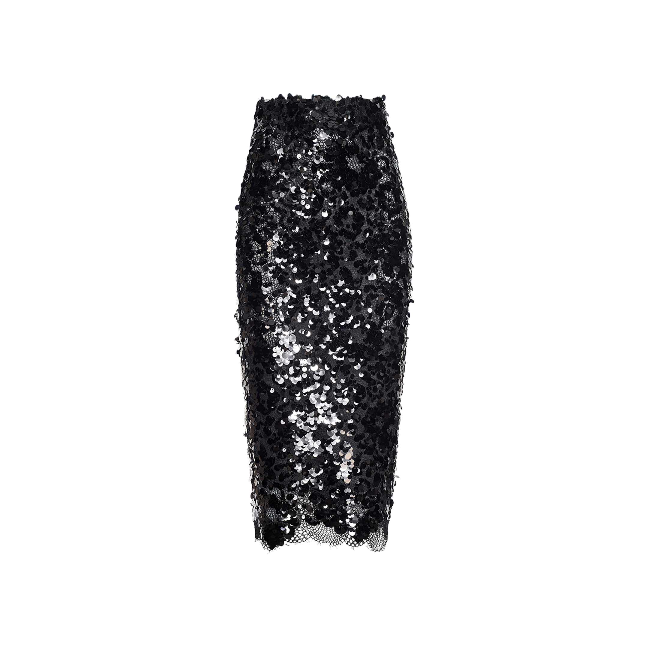 The Makena Sequin Pencil Skirt is a knee-length, pencil-shaped skirt featuring shiny black and silver sequins over a mesh base and is displayed against a white background.