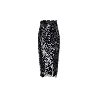 Makena Sequin Pencil Skirt in black sequins on a mesh base with a scalloped lace hem.
