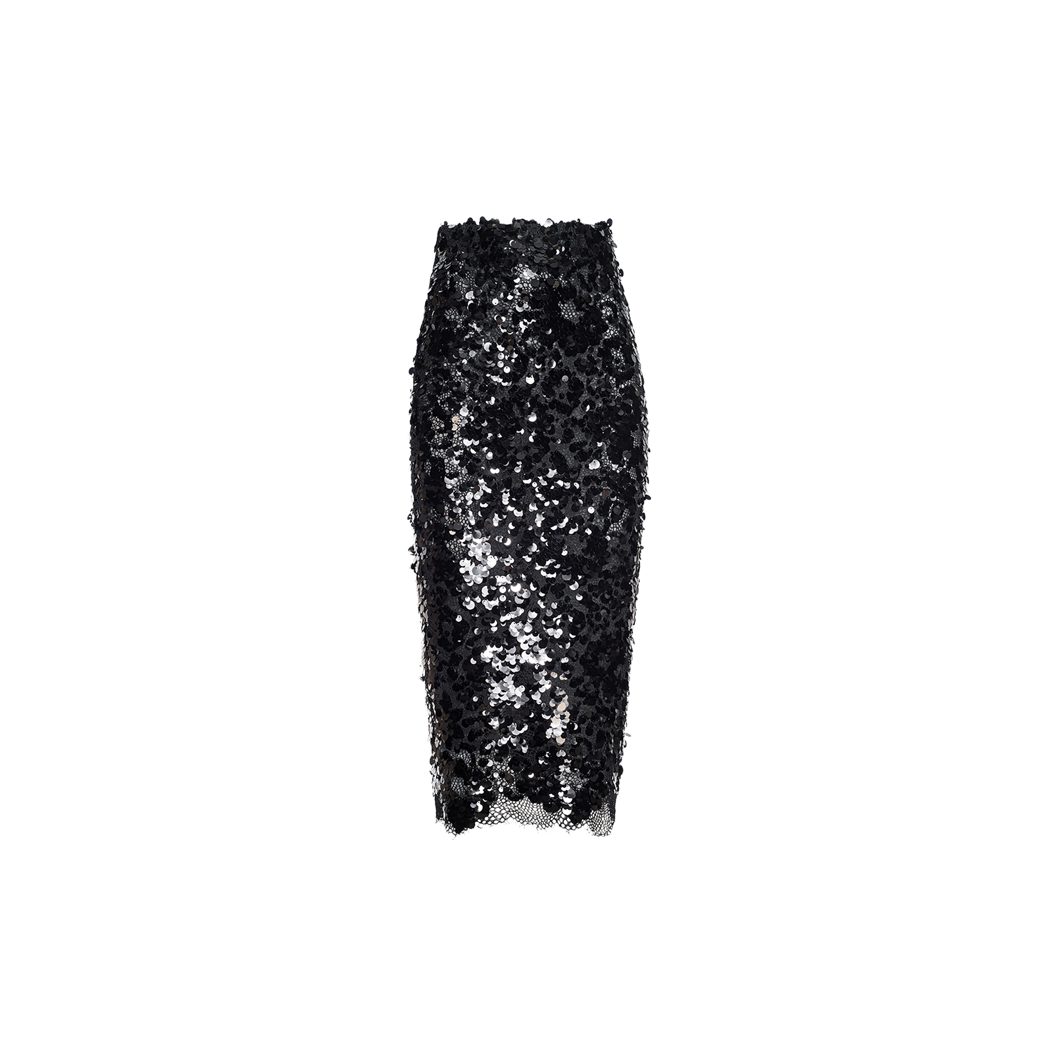 Makena Sequin Pencil Skirt in black sequins on a mesh base with a scalloped lace hem.
