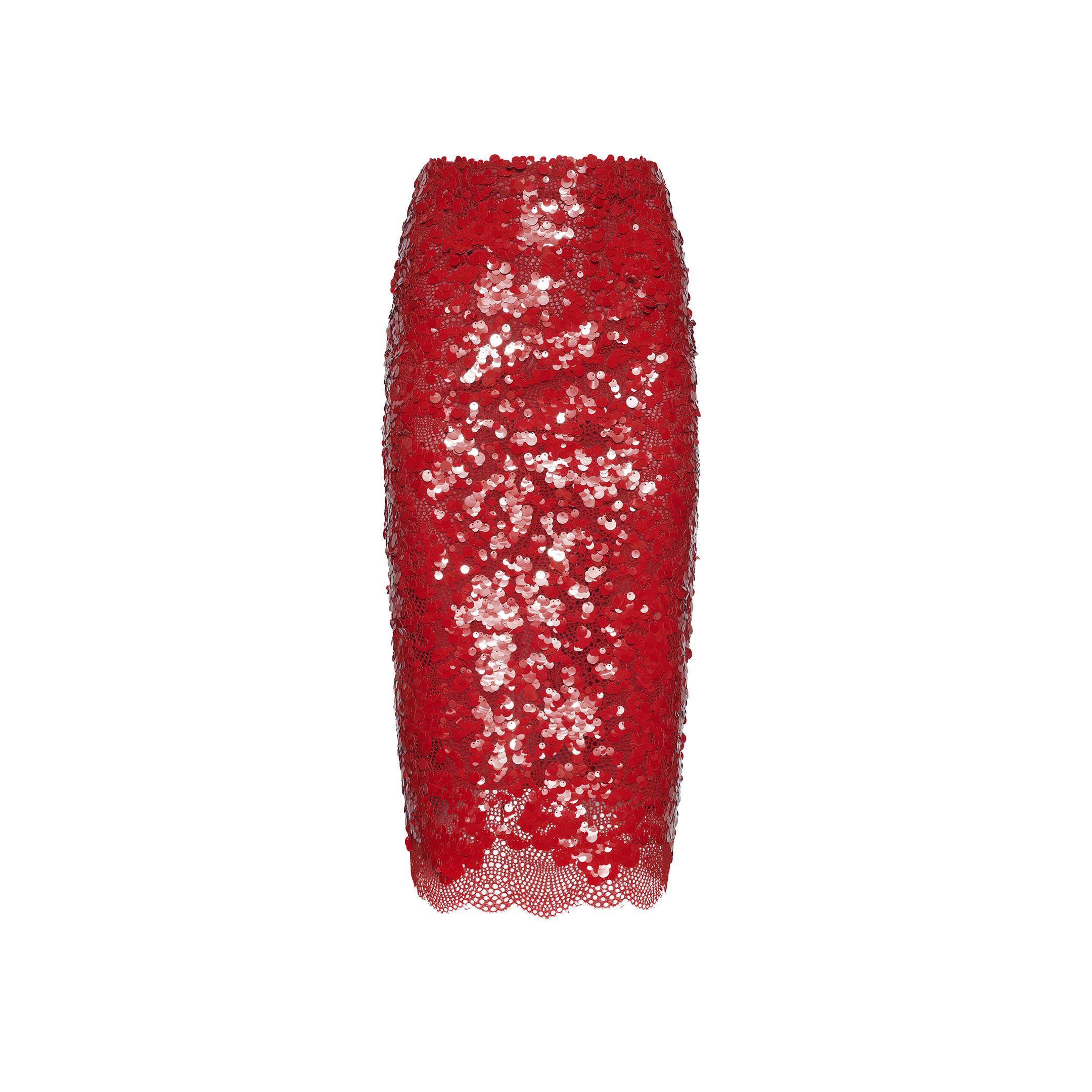 Makena Sequin Pencil Skirt in red, featuring a festive scalloped lace hem.