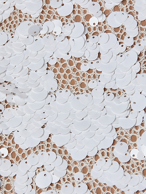 Close-up of white sequins on beige lace fabric, forming a textured, shiny pattern on the Makena Sequin Pencil Skirt—a standout piece for spring 2026.