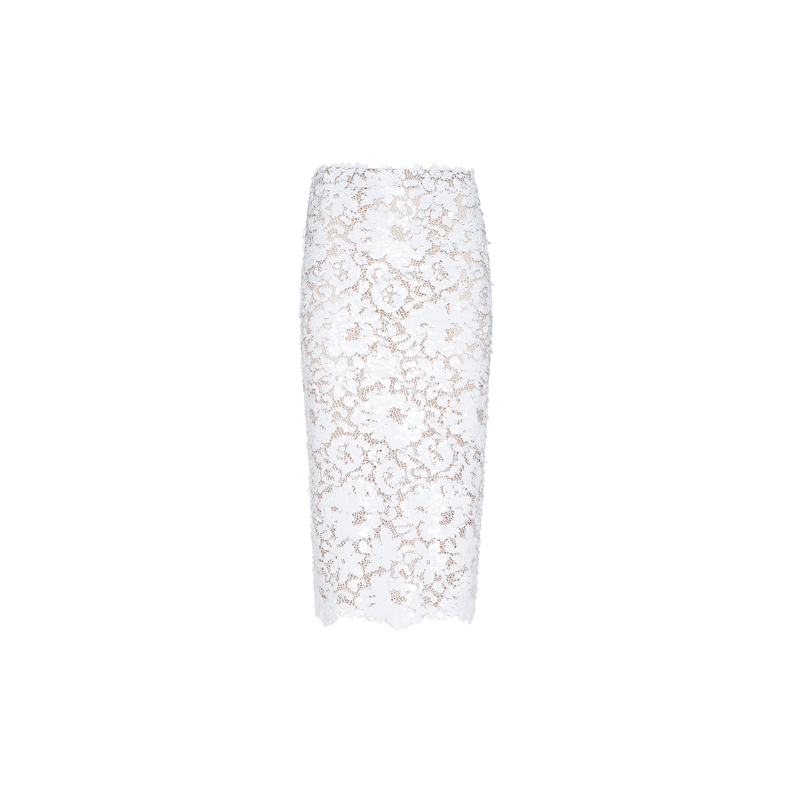 Makena Sequin Pencil Skirt—a white knee-length pencil skirt featuring a floral lace pattern, sheer detailing, and scalloped edges. Perfect for spring fashion and displayed against a plain light background.