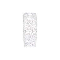 Makena Sequin Pencil Skirt—a white knee-length pencil skirt featuring a floral lace pattern, sheer detailing, and scalloped edges. Perfect for spring fashion and displayed against a plain light background.