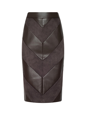 The Erma Pencil Skirt is a high-waisted, knee-length vegan leather skirt in dark brown with patchwork chevron panels of leather and suede, shown on a white background.