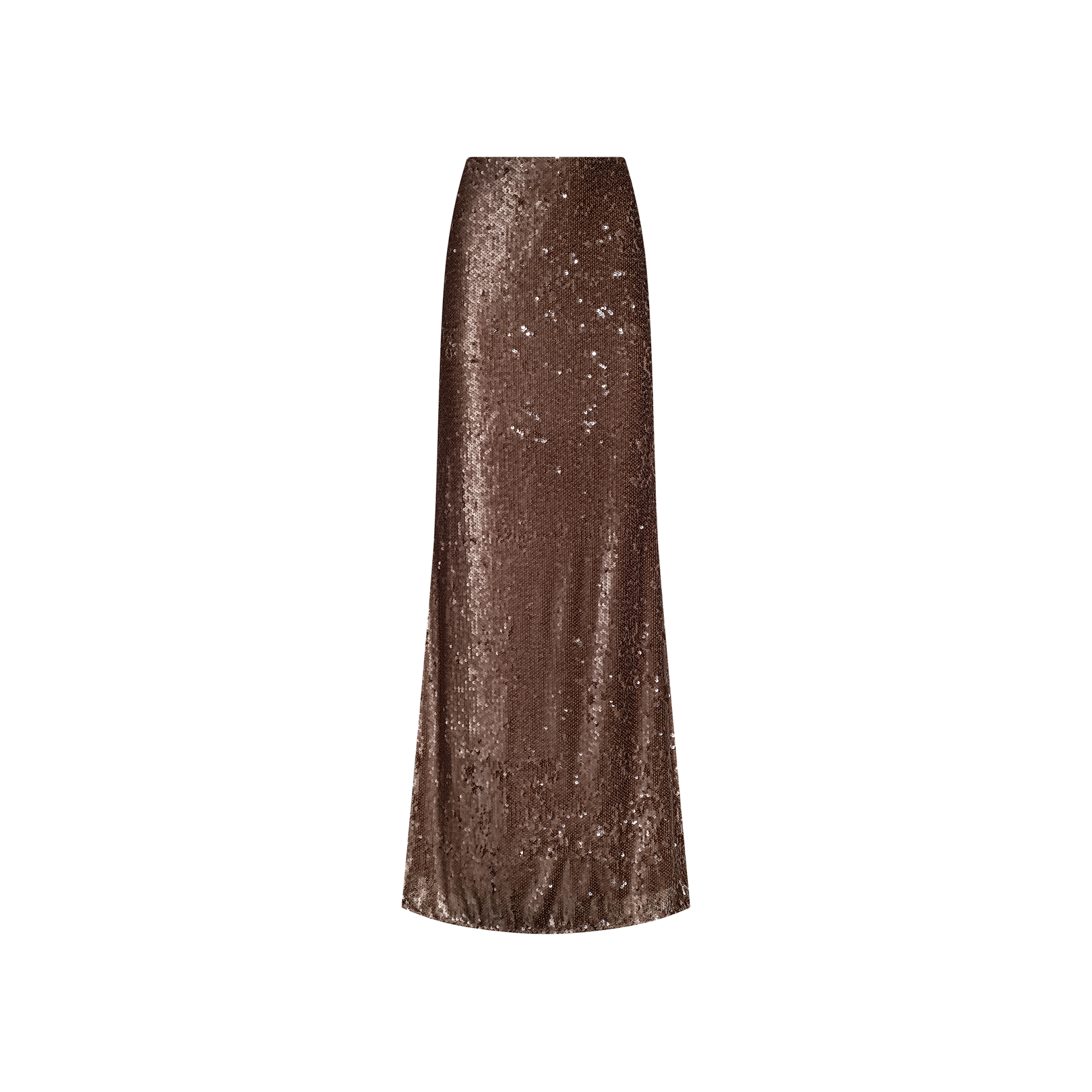 The Zeta Sequin Maxi Skirt is a long, brown skirt featuring a straight silhouette and a slight flare at the hem, beautifully showcased against a plain white background.