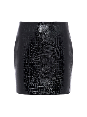 The L'AGENCE Gerard Croc-Embossed Mini Skirt features shiny black vegan leather with a downtown edge, shown against a white background.