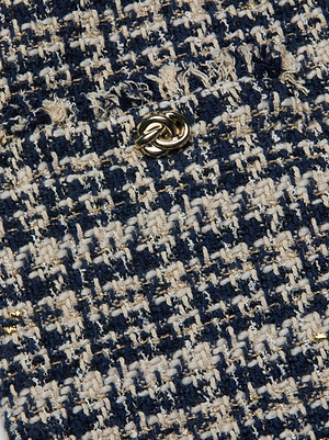 Close-up of the Tai Tweed Midi Skirt by L'AGENCE, featuring blue and beige houndstooth plaid tweed, a gold intertwined button, and frayed threads for textural detail.