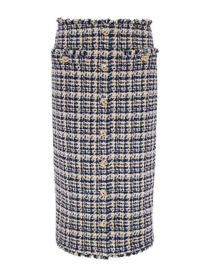 The Tai Tweed Midi Skirt by L'AGENCE features a navy blue and beige Italian plaid pattern, high waist, gold front buttons, and frayed edges at the hem and waistband.