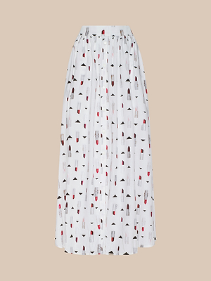 The Seina Poplin Midi Skirt is a white, high-waisted ankle-length skirt with a gathered waist and an abstract black, red, and gray print on a beige background.