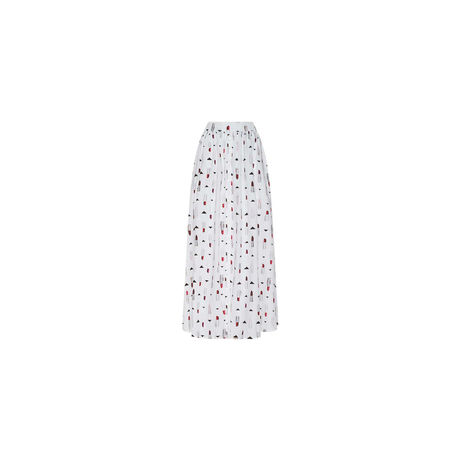 The Seina Poplin Midi Skirt is a white, mid-length skirt featuring a gathered waist and an eye-catching pattern of black and red lipstick prints scattered throughout.