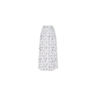 The Seina Poplin Midi Skirt is a white, knee-length design with a gathered waist and features a playful pattern of small black and red geometric shapes scattered evenly across the fabric.