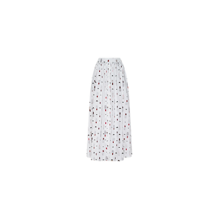 The Seina Poplin Midi Skirt is a white, mid-length skirt featuring a gathered waist and an eye-catching pattern of black and red lipstick prints scattered throughout.
