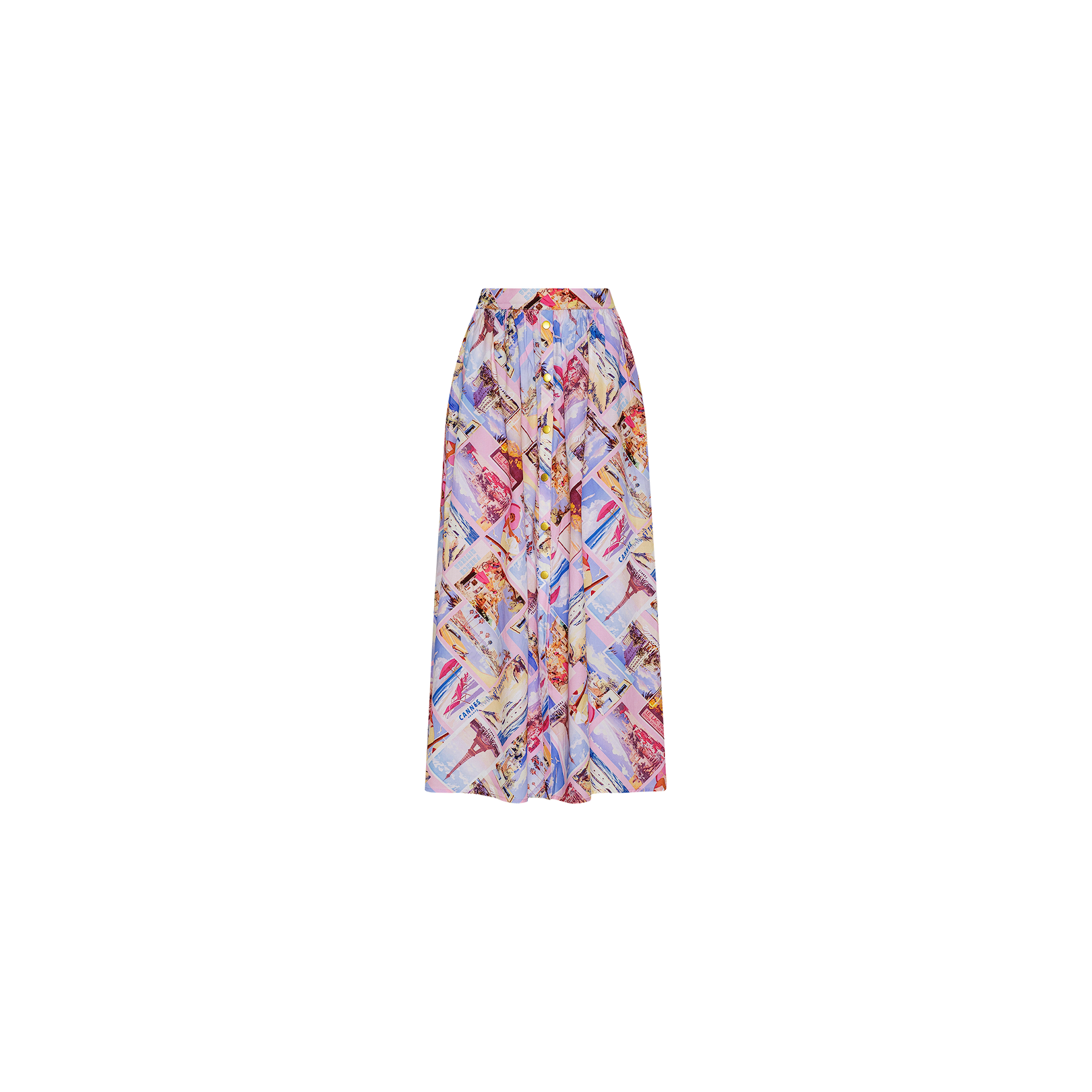 The Seina Poplin Midi Skirt is a long, flowy pleated skirt featuring a colorful abstract pattern in shades of blue, pink, purple, and beige, displayed on a plain white background.
