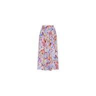The Seina Poplin Midi Skirt is a long, flowy pleated skirt featuring a colorful abstract pattern in shades of blue, pink, purple, and beige, displayed on a plain white background.