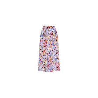 The Seina Poplin Midi Skirt is a long, flowy pleated skirt featuring a colorful abstract pattern in shades of blue, pink, purple, and beige, displayed on a plain white background.