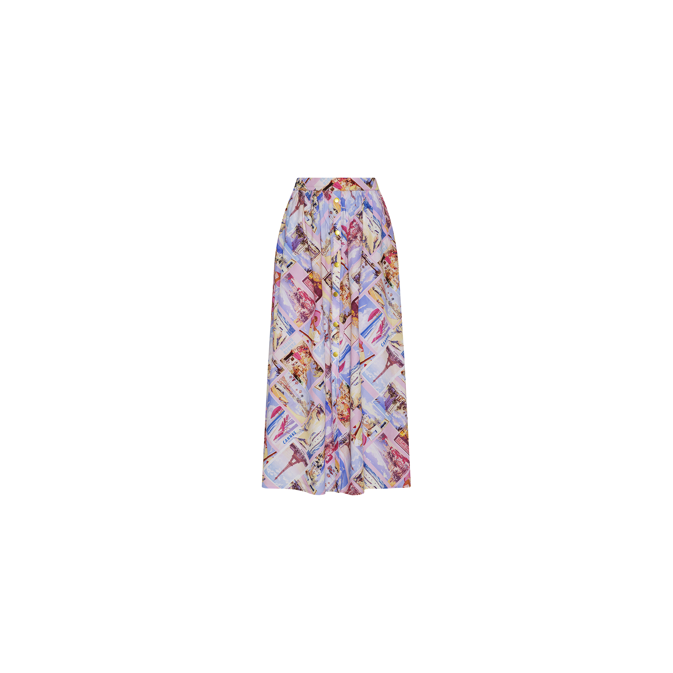 The Seina Poplin Midi Skirt is a long, flowy pleated skirt featuring a colorful abstract pattern in shades of blue, pink, purple, and beige, displayed on a plain white background.