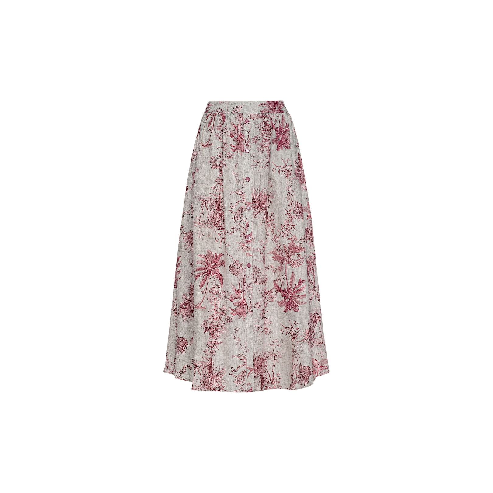 The Seina Linen Midi Skirt is a long, flowy linen skirt with a high waist, showcasing a pink botanical and palm tree jungle toile print on a light beige background. It features a button-down front and offers a relaxed, casual style.