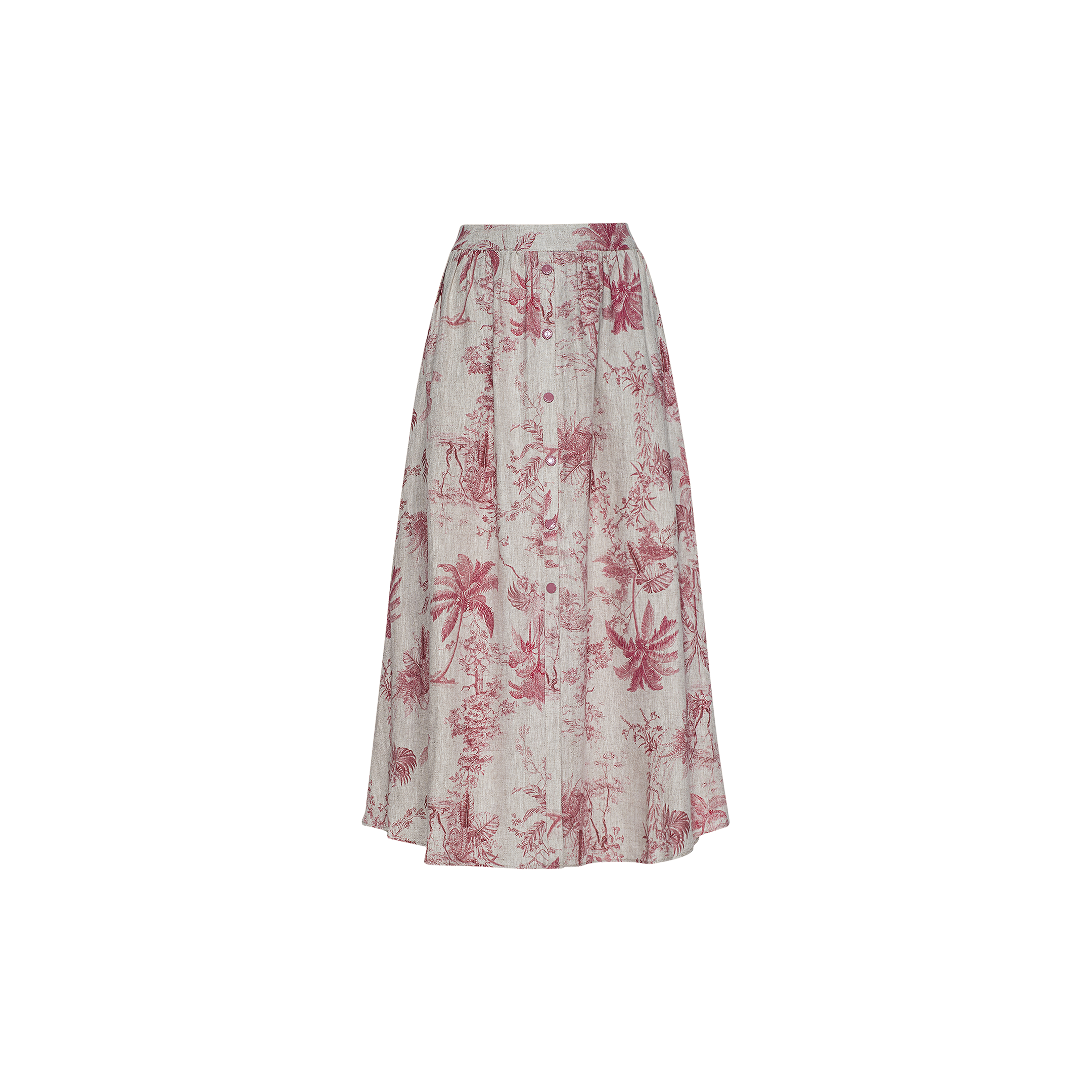 The Seina Linen Midi Skirt is a long, flowy linen skirt with a high waist, showcasing a pink botanical and palm tree jungle toile print on a light beige background. It features a button-down front and offers a relaxed, casual style.
