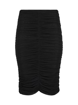 The Isodora Mesh Midi Skirt is a black, knee-length skirt in stretch mesh, shown on a plain white background. Vertical ruching gives it a textured, fitted look.