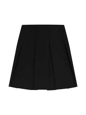 The Tania Pleated Mini Skirt, a black mini skirt in modern prep style crafted from stretch suit fabric, is shown against a white background.