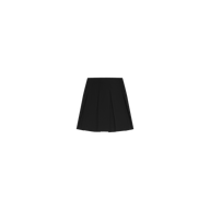 The Tania Pleated Mini Skirt, crafted from stretch suit fabric in black, is centered on a plain white background.