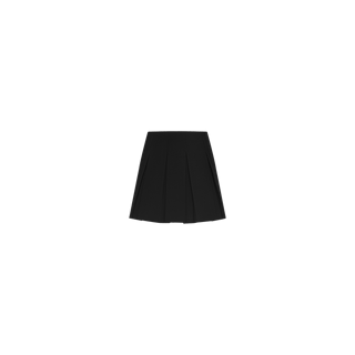 The Tania Pleated Mini Skirt, crafted from stretch suit fabric in black, is displayed against a plain white background.