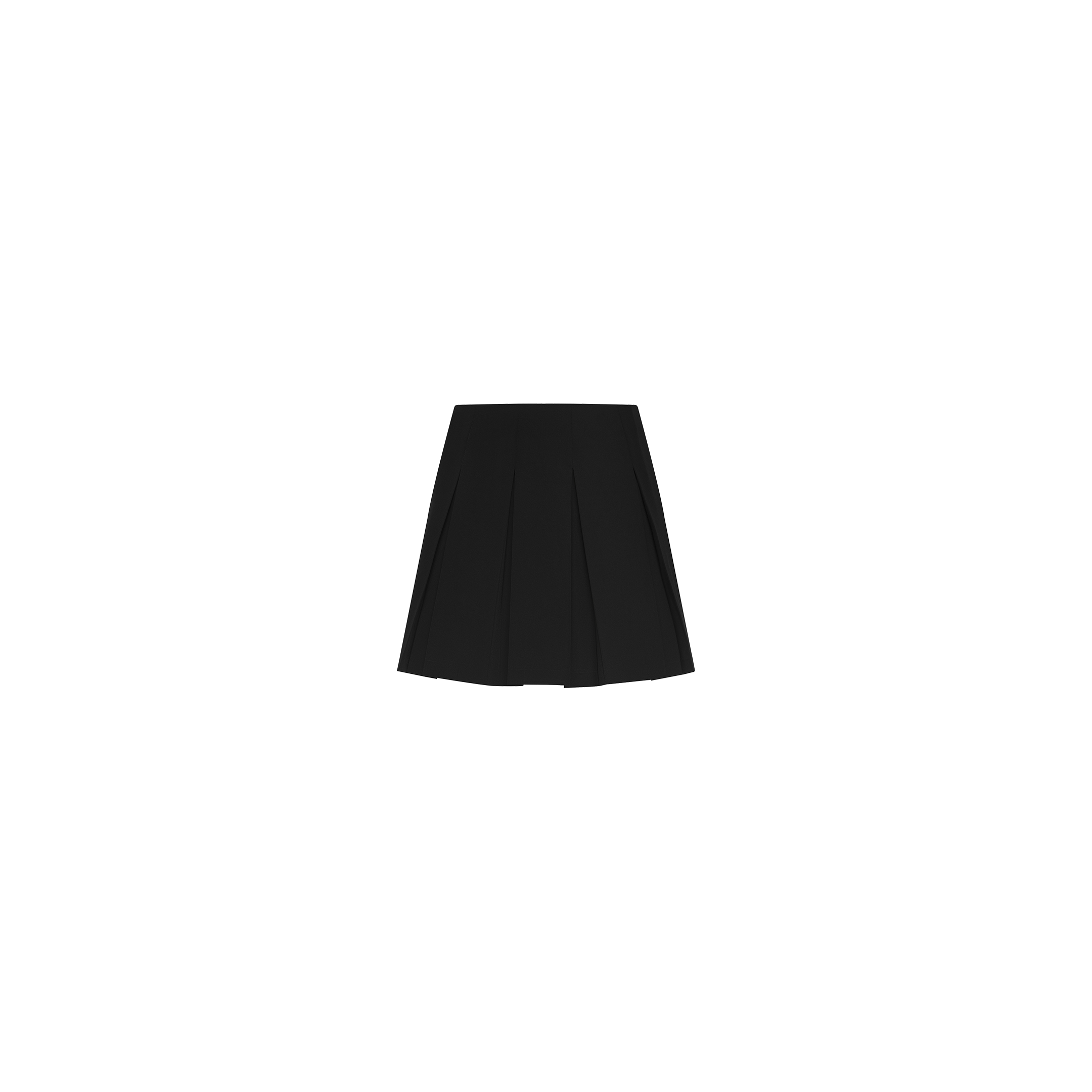 The Tania Pleated Mini Skirt, crafted from stretch suit fabric in black, is centered on a plain white background.