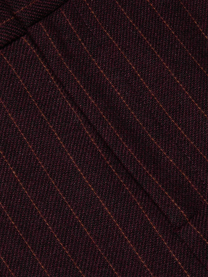 Close-up of the Maceline Pinstriped Maxi Skirt featuring dark brown fabric with thin, evenly spaced lighter brown pinstripes—ideal for a classic, tailored pinstripe skirt look.