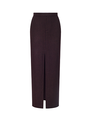The Maceline Pinstriped Maxi Skirt is a long, dark brown high-waisted skirt with a front center slit and tailored pinstripe design, shown against a white background.