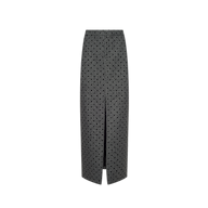 Maceline Maxi Skirt, a grey velvet polka dot design featuring a center front slit.