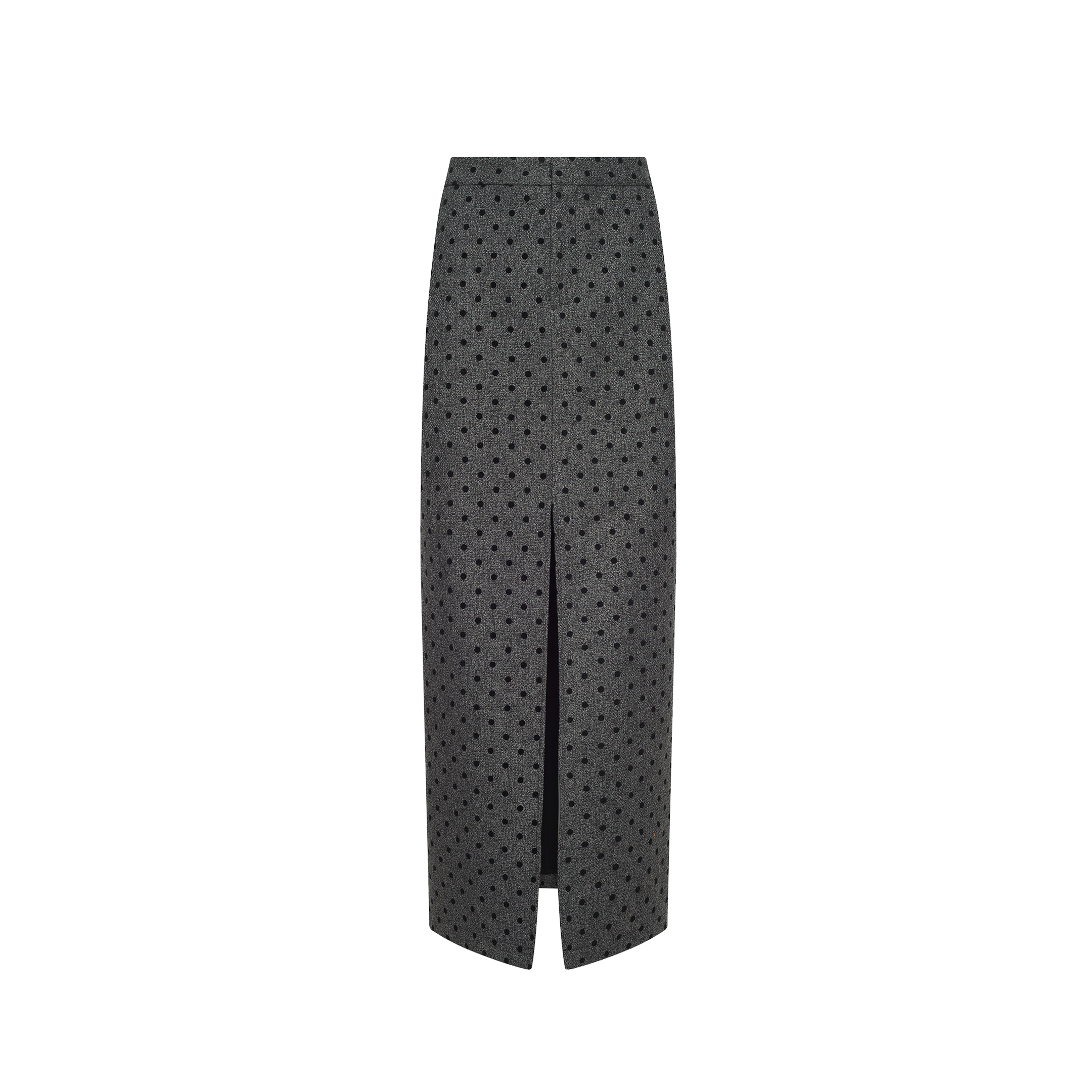 Maceline Maxi Skirt, a grey velvet polka dot design featuring a center front slit.