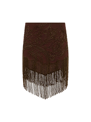 The Eulla Embellished Mini Skirt from L'AGENCE Sale captures vintage flair with its brown beaded fringe, playful movement, and timeless style.