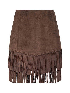 The L'AGENCE Lyle Vegan Suede Mini Skirt is a brown, high-rise mini skirt with layered fringe detailing on the lower half, shown against a white background.