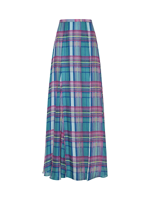 The Patricia Plaid Maxi Skirt by L'AGENCE Sale is a high-waisted, teal, purple, pink, and white plaid skirt in airy viscose chiffon with a flowing flared silhouette and no visible embellishments or fastenings.