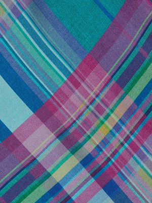 Close-up of the Patricia Plaid Maxi Skirt by L'AGENCE Sale, featuring a colorful blue, green, purple, pink, and yellow checkered pattern with visible woven texture—perfect for adding vibrant style to your wardrobe.