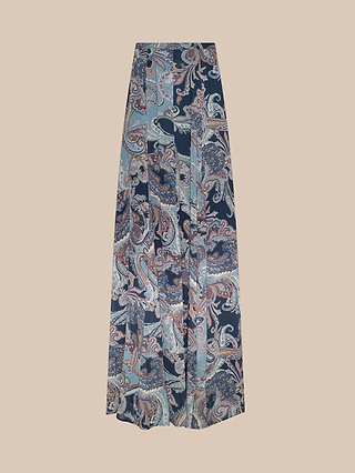 Patrica Maxi Skirt featuring a midnight blue, navy, and tan paisley print patchwork pattern, displayed against a beige background.