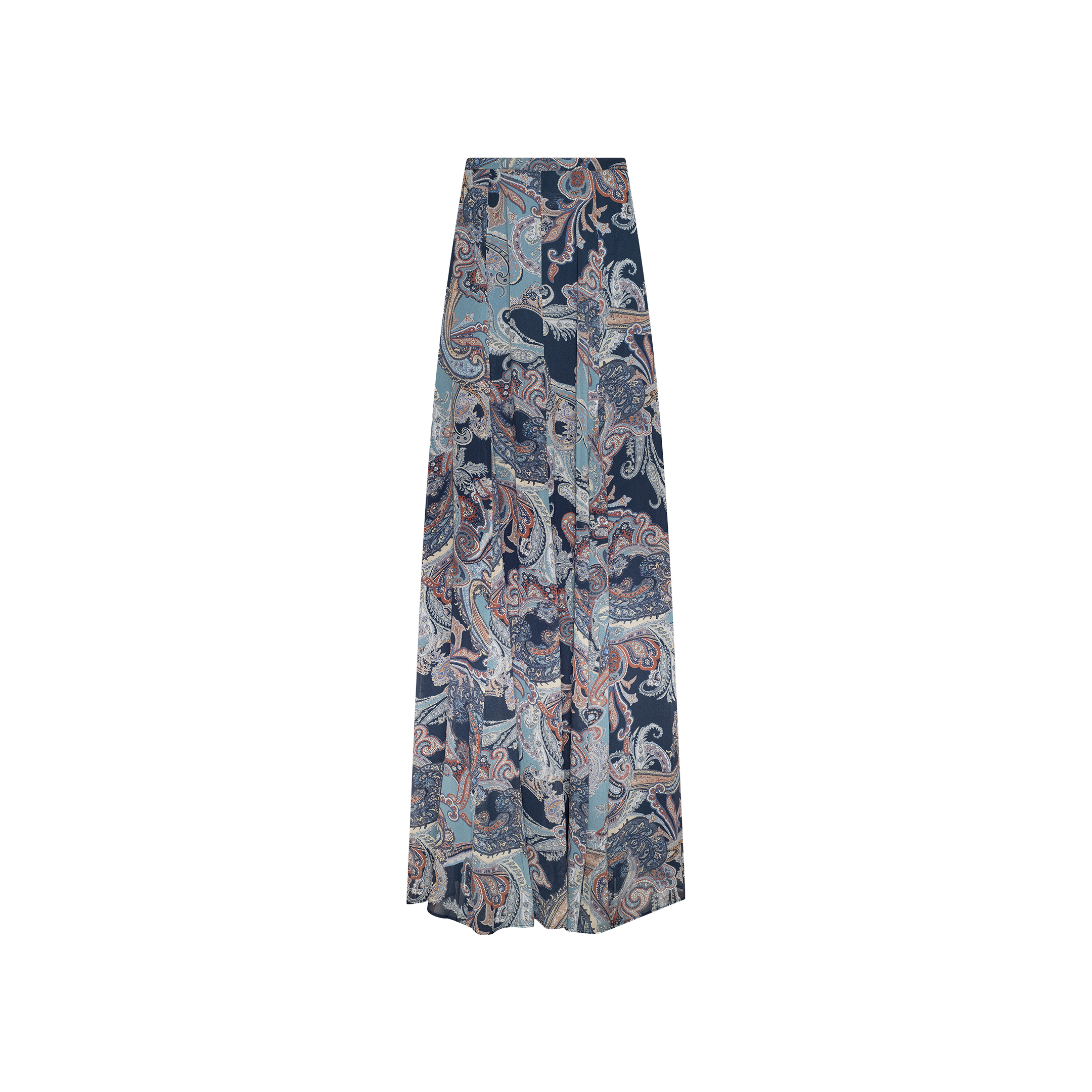 Patrica Maxi Skirt featuring a midnight blue and navy paisley print, displayed against a plain white background.