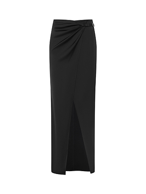 The Emmarie Maxi Wrap Skirt by L'AGENCE features sleek black stretch satin, a high waist, side draping, gathered hip, front slit, and minimalist elegance in its wrap-front design.