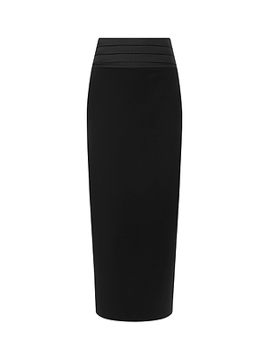 The Honesty Maxi Skirt by L'AGENCE is a black, high-waisted skirt featuring a sleek satin waistband, ideal for an elegant evening look. Shown on a plain white background.