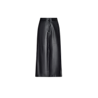 Robyn Vegan Leather Skirt in black, featuring a high waist, straight cut, and visible seam details, displayed on a plain white background.