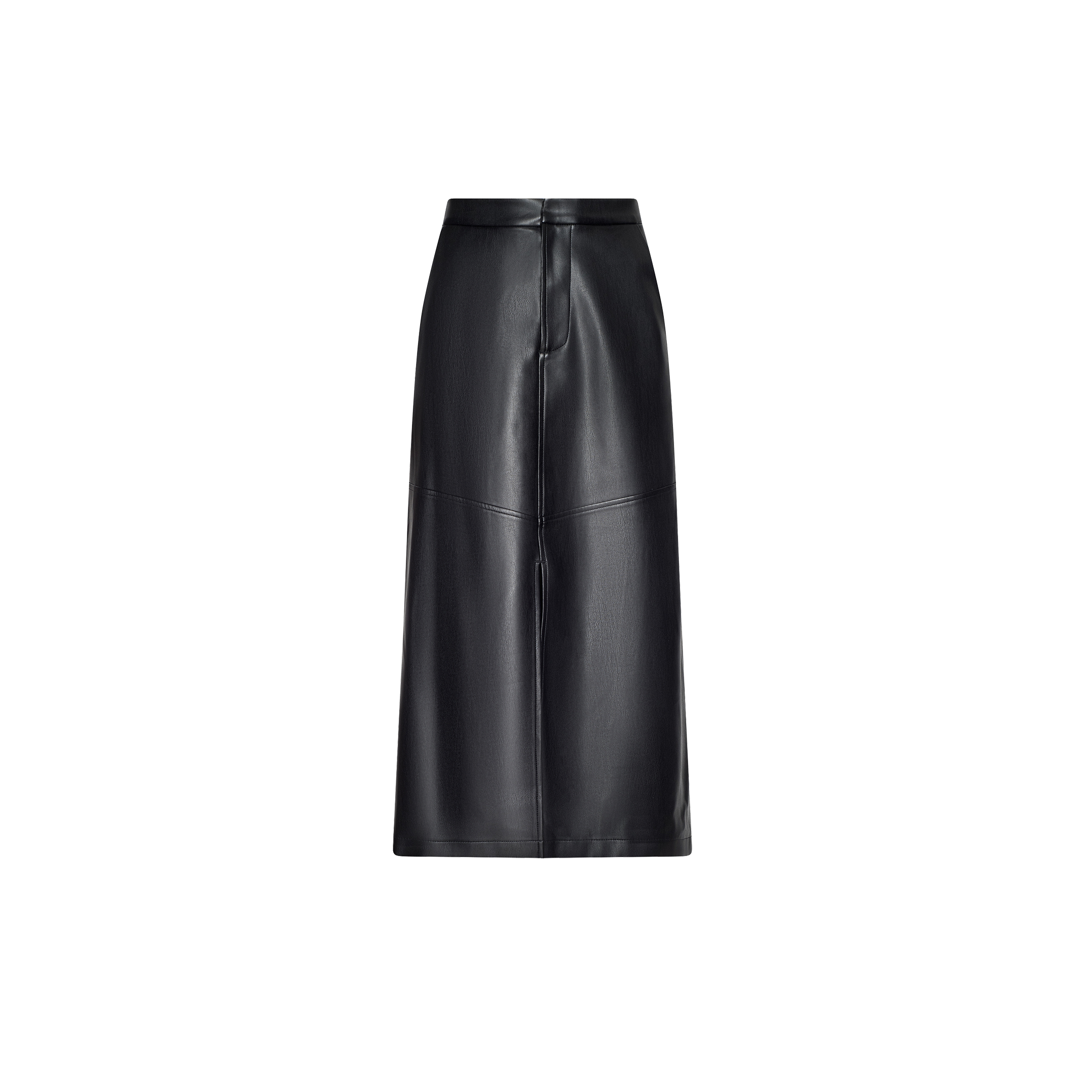 Robyn Vegan Leather Skirt in black, featuring a high waist, straight cut, and visible seam details, displayed on a plain white background.