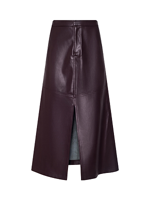 The L'AGENCE Robyn Vegan Leather Midi Skirt is a high-waisted, dark burgundy A-line with a front slit and panel detailing, shown on a plain white background.
